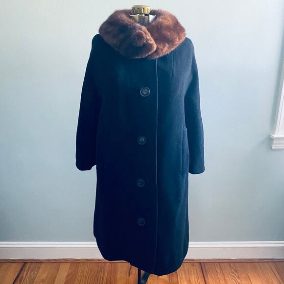 Vintage black wool and mink swing coat